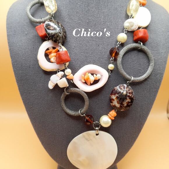Chico's Shell Faux Pearl Stone Beaded Necklace, Two Strands, 20 Inches - Picture 1 of 11